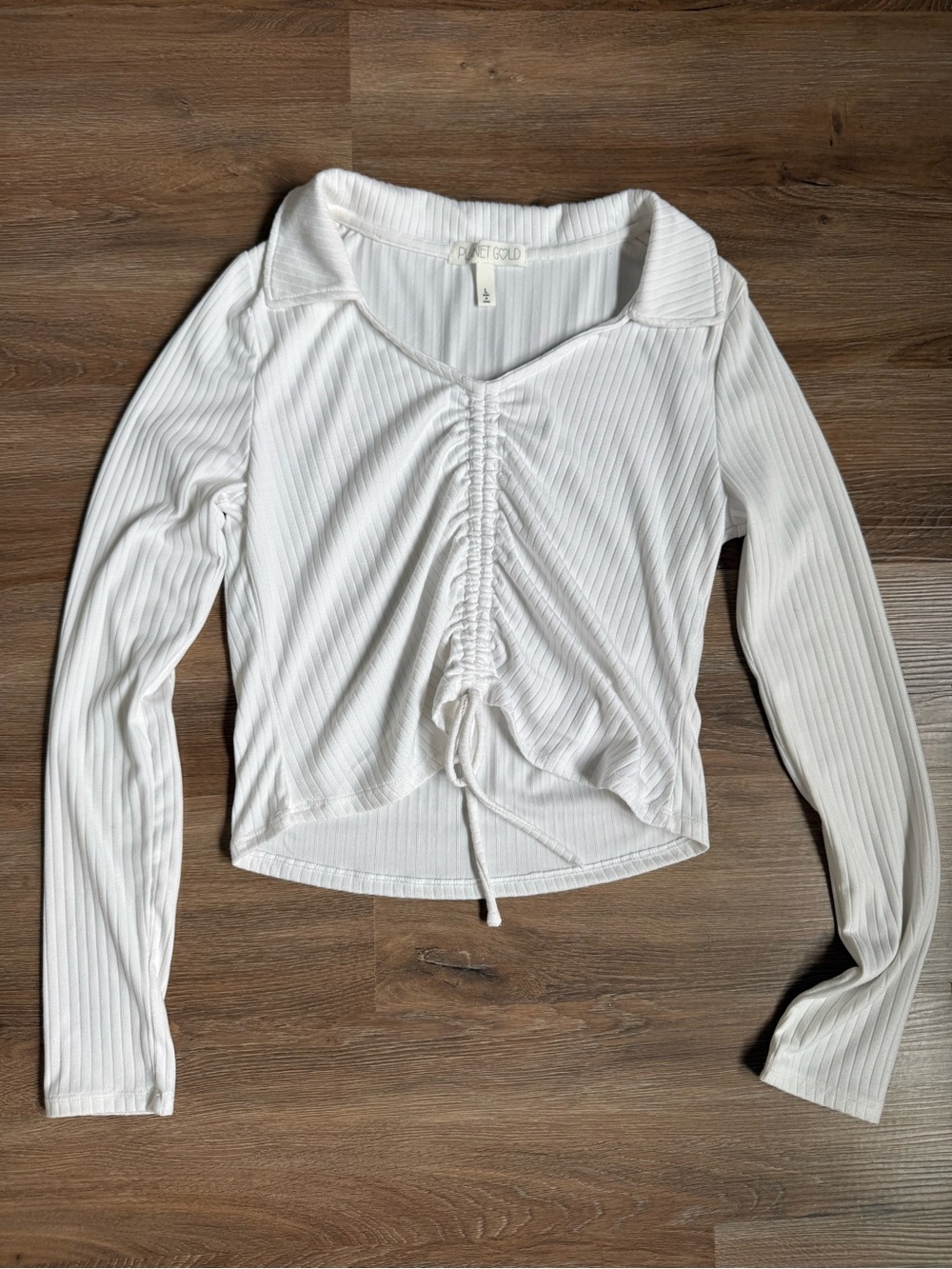 Ruched Drawstring Ribbed Long-Sleeve Top - White